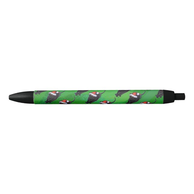 Festive Black Cat Pattern on Green Ink Pen (Front)