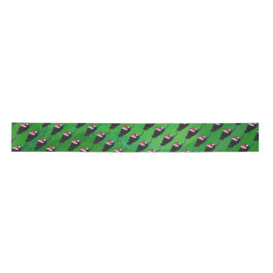 Festive Black Cat Pattern on Green Satin Ribbon