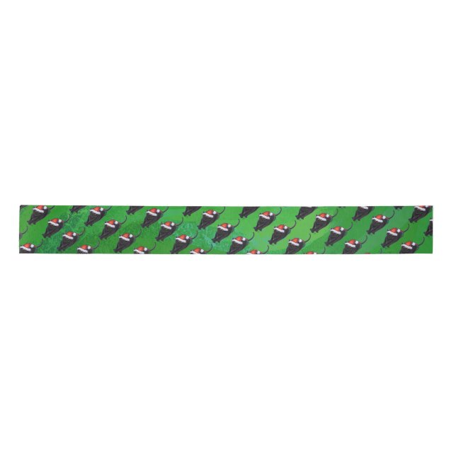 Festive Black Cat Pattern on Green Satin Ribbon (Front)