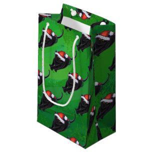Festive Black Cat Pattern on Green Small Gift Bag