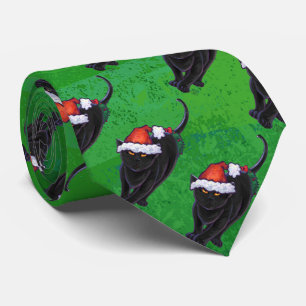 Festive Black Cat Pattern on Green Tie