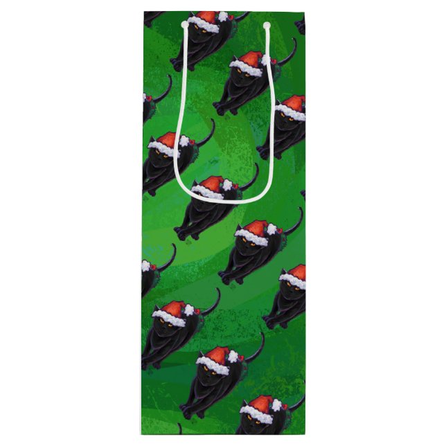 Festive Black Cat Pattern on Green Wine Gift Bag (Front)