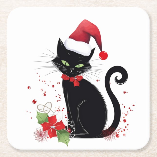 Festive Black Cat Square Paper Coaster (Front)