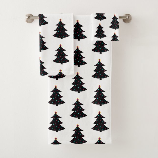 Festive Black Christmas Trees Pattern Lights Stars Bath Towel Set (Insitu)