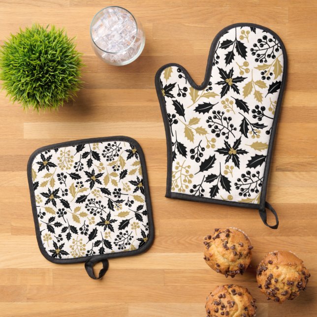 Festive black gold floral pattern oven mitt & pot holder set (Top Down)