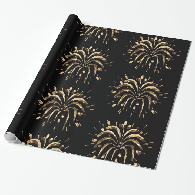 Festive Black Gold Stars Fireworks Elegant Chic Wrapping Paper (Unrolled)