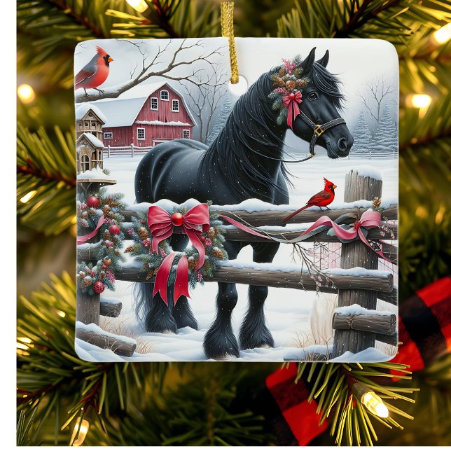 Festive Black Horse and Cardinal Christmas Ceramic Ornament (Creator Uploaded)