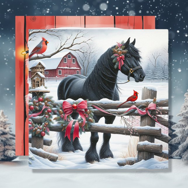 Festive Black Horse and Cardinal Christmas Holiday Card (Creator Uploaded)