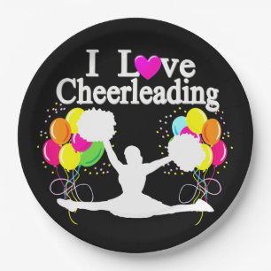 FESTIVE BLACK I LOVE CHEERLEADING PAPER PLATES