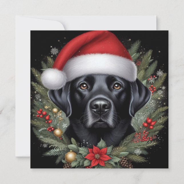 Festive Black Labrador Wearing Santa Hat  Holiday Card (Front)