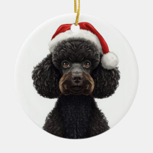 Festive Black Poodle Dog in Santa Hat Illustration Ceramic Tree Decoration
