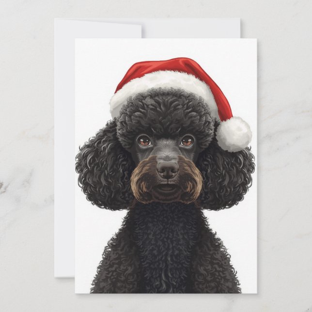 Festive Black Poodle Dog in Santa Hat Illustration Holiday Card (Front)