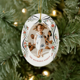 Festive Black Ribbon with Poinsettias and Greenery Ceramic Tree Decoration