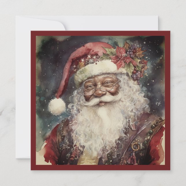 Festive Black Santa Rococo & Poinsettia Accent Holiday Card (Front)