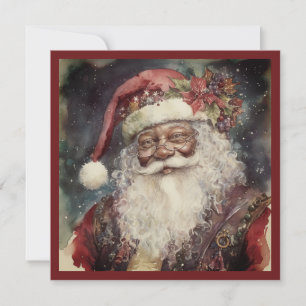 Festive Black Santa Rococo & Poinsettia Accent Holiday Card