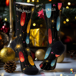 Festive Black Socks with Colourful Starburst Accen