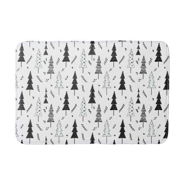 Festive Black White Doddle Christmas Pine Tree Bath Mat (Front)