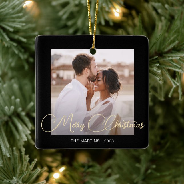 Festive Black Winter Deer Photo Christmas Ceramic Ornament (Tree)