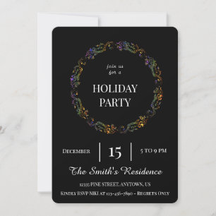 Festive Black Wreath Holiday Party Cute Elegant Invitation