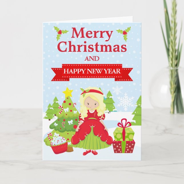 Festive Blonde haired Christmas Princess Holiday Card (Front)