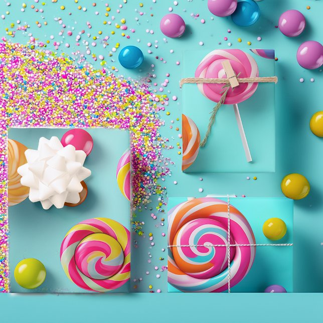 Festive Blue and Pink Lollipops Candy Lane  Wrapping Paper Sheet (Fun colorful gift wrapping paper
)