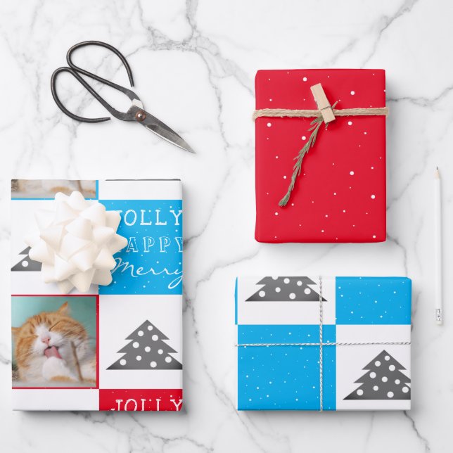 Festive Blue and Red Cat Photo Christmas Tree Wrapping Paper Sheet (Front)