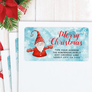 Festive Blue and Red Cute Gnome Merry Christmas Label