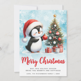 Festive Blue and Red Penguin Merry Christmas Holiday Card