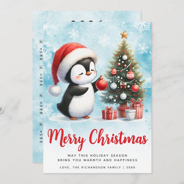 Festive Blue and Red Penguin Merry Christmas Holiday Card (Front/Back)