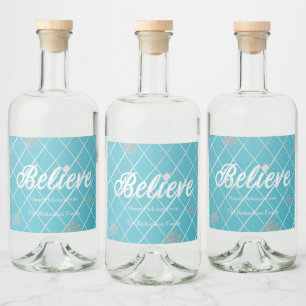 Festive Blue and Silver 'Believe' Holiday  Liquor Bottle Label