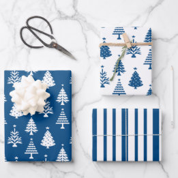 Festive Blue and White Christmas Tree Pattern Wrapping Paper Sheet