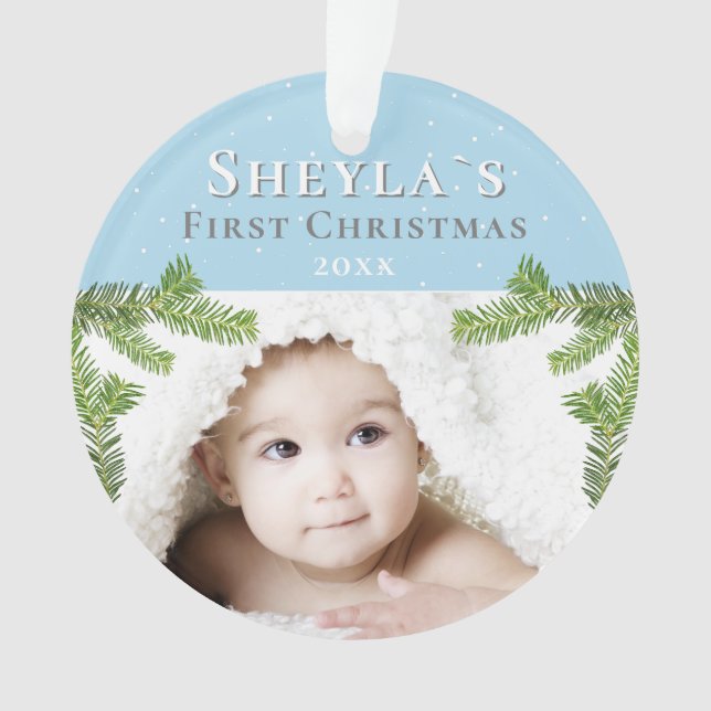 Festive Blue Baby`s First Christmas Photo Ornament (Front)