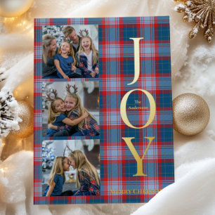 Festive Blue Buffalo Plaid 3 Photos Christmas  Foil Holiday Card