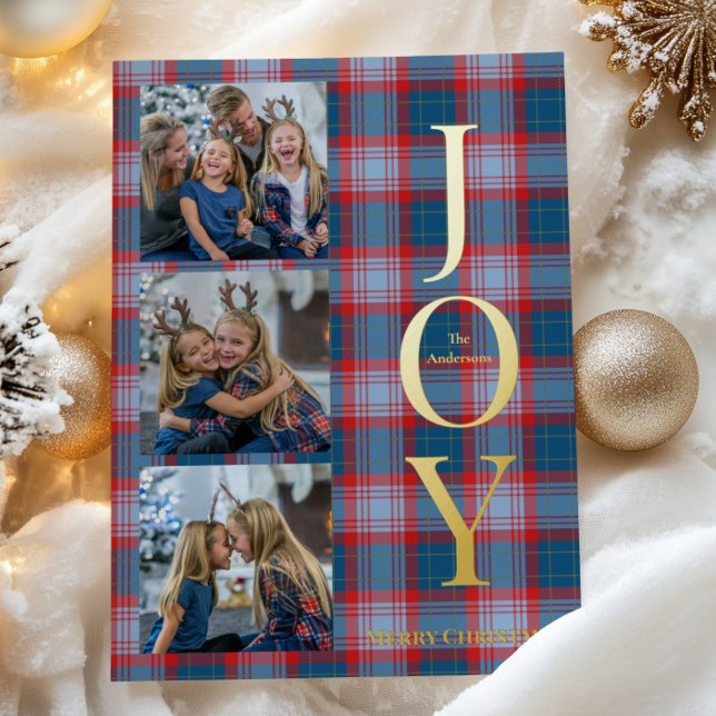 Festive Blue Buffalo Plaid 3 Photos Christmas  Foil Holiday Card (Creator Uploaded)