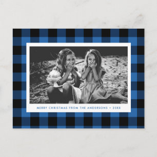 Festive Blue Buffalo Plaid Single Photo Christmas Postcard