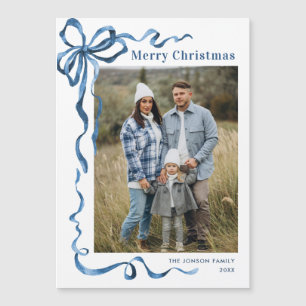 Festive Blue Christmas Bow Photo Magnetic Card