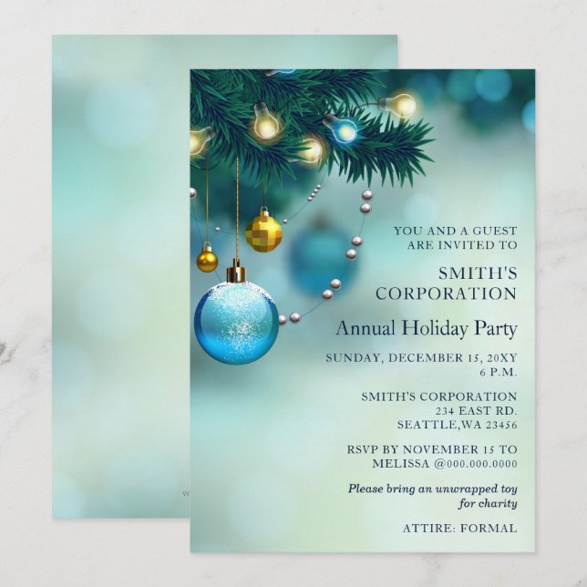 Festive Blue Christmas Corporate Holiday Party  Invitation (Front/Back)