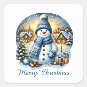 Festive blue Christmas customisable snowman Square Sticker