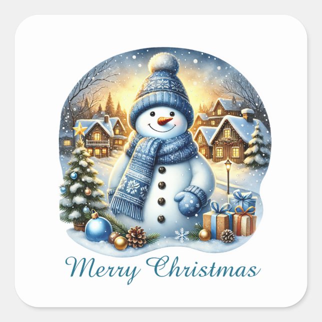 Festive blue Christmas customisable snowman  Square Sticker (Front)