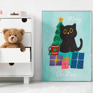 Festive Blue Christmas Cute Cat Coffee Wall Art