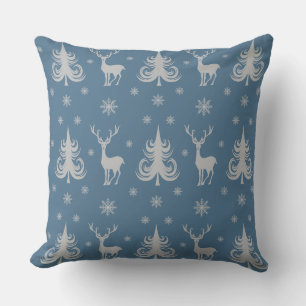 Festive Blue Christmas Deer Pattern Cushion