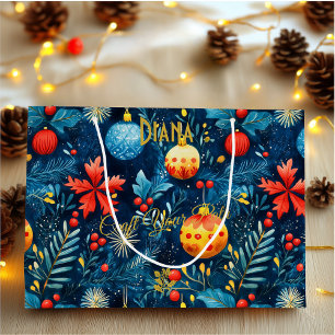 Festive Blue Christmas Gift Bag with Ornaments