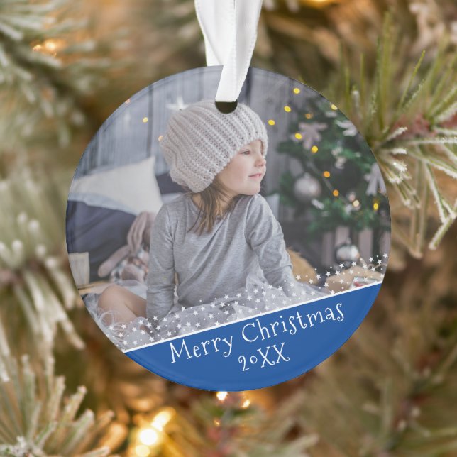 Festive Blue Christmas Holiday Keepsake Photo Ornament (Tree)