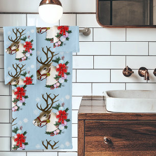 Festive Blue Christmas Reindeer Wreath Bath Towel Set