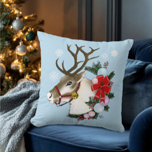 Festive Blue Christmas Reindeer Wreath Cushion