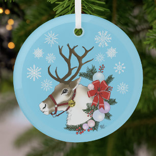 Festive Blue Christmas Reindeer Wreath Glass Tree Decoration