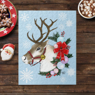 Festive Blue Christmas Reindeer Wreath  Jigsaw Puzzle