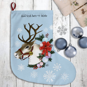Festive Blue Christmas Reindeer Wreath Large Christmas Stocking