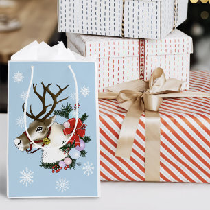 Festive Blue Christmas Reindeer Wreath Medium Gift Bag