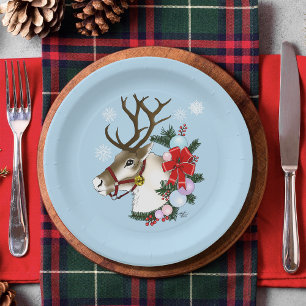 Festive Blue Christmas Reindeer Wreath Paper Plate